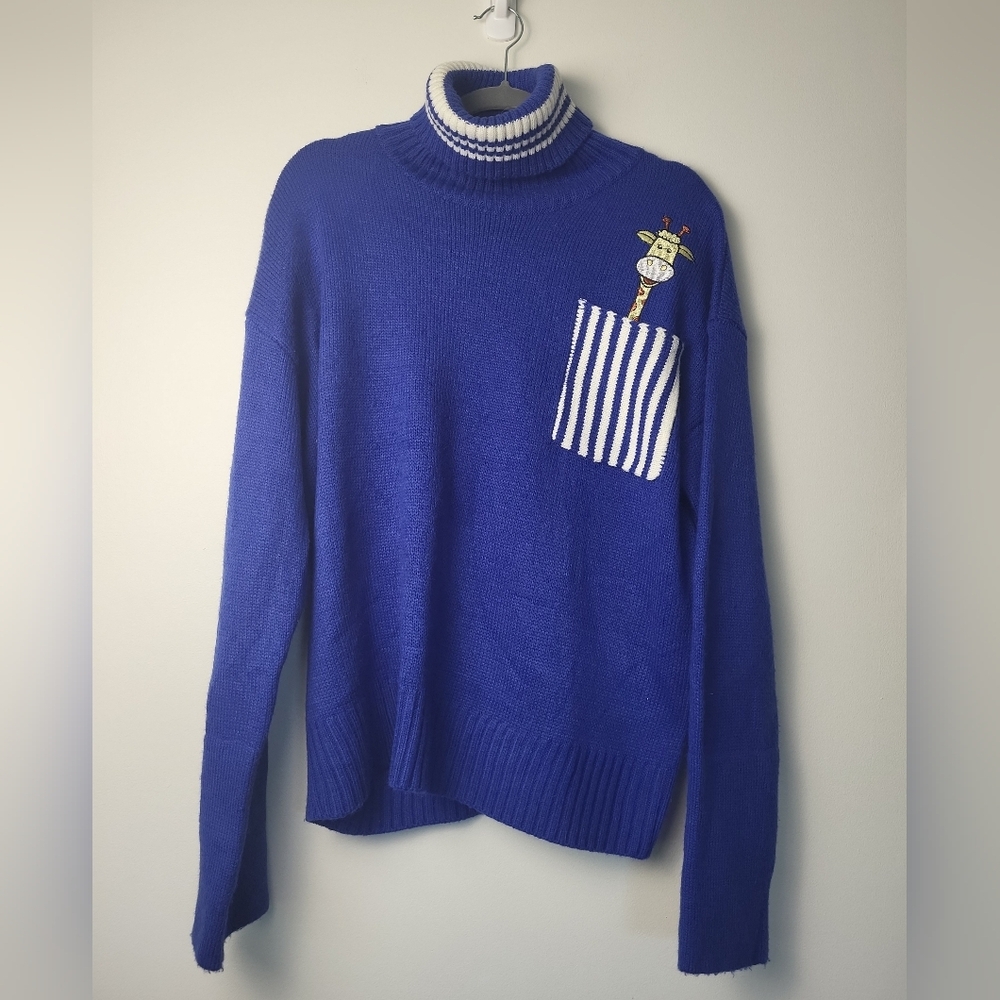 Vintage Style Blue Knit Sweater w/ Giraffe Embroidery & Striped Pocket
